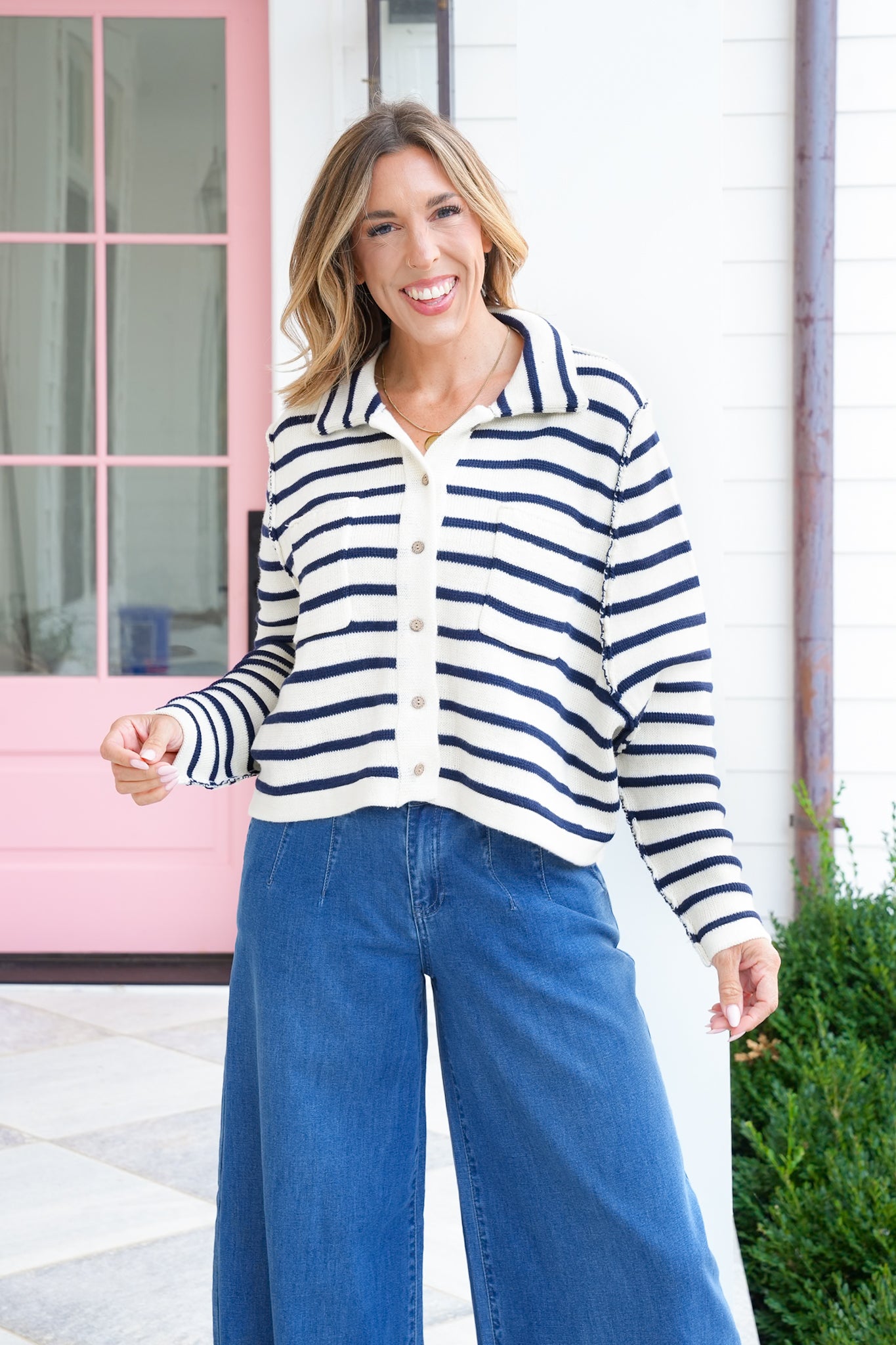 Stripe Long Sleeve Button Down Cardigan with Reverse Seam