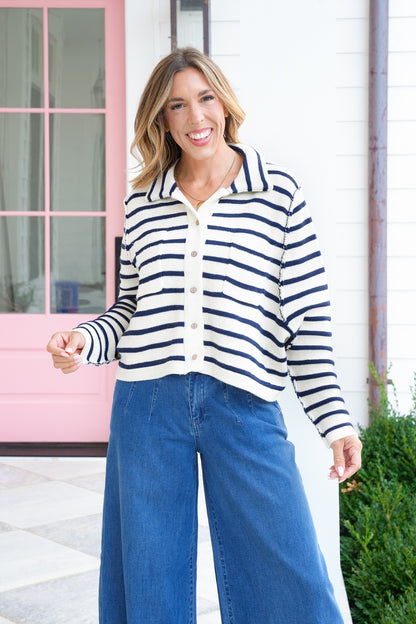 Stripe Long Sleeve Button Down Cardigan with Reverse Seam