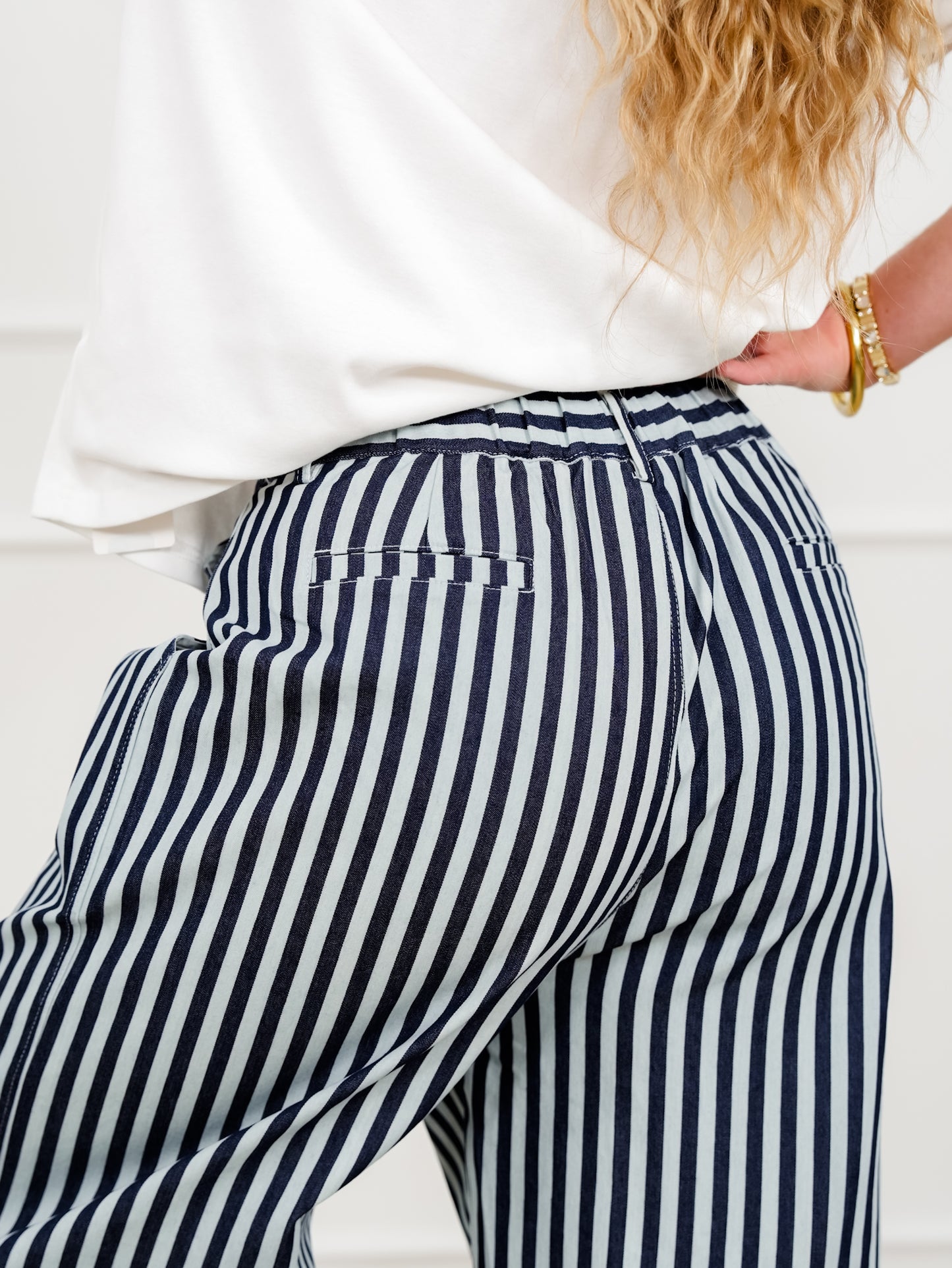 Navy Blue Stripe Elastic Waist Wide Leg Cropped Pants