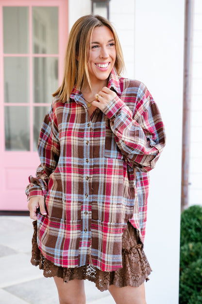 Plus/Reg Plaid Mineral Wash Long Sleeve Button Down Top