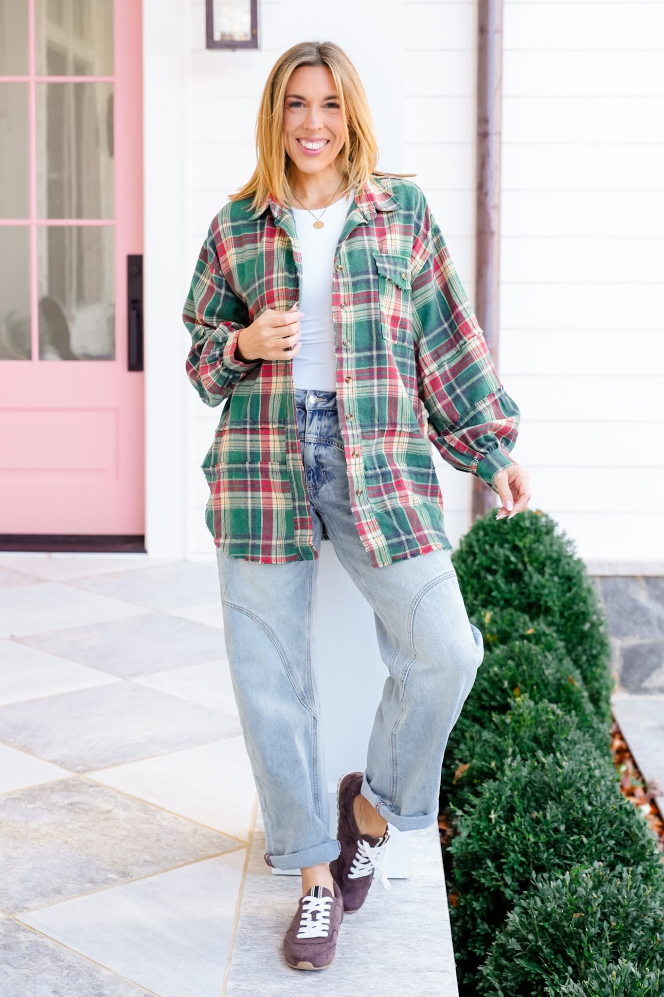 Plus/Reg Plaid Mineral Wash Long Sleeve Button Down Top