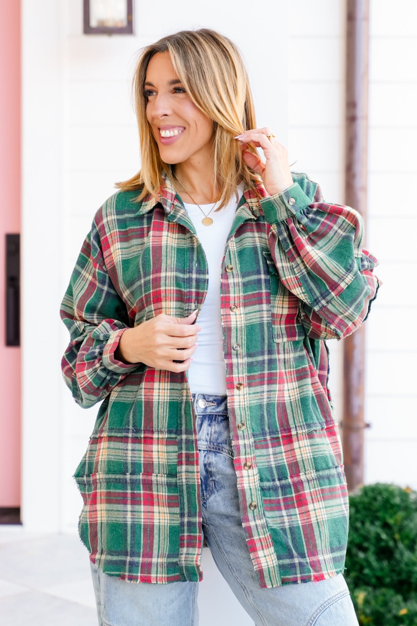 Plus/Reg Plaid Mineral Wash Long Sleeve Button Down Top