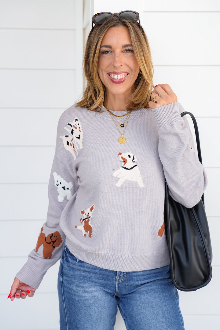 Multi Dog Print Long Sleeve Pullover Sweater