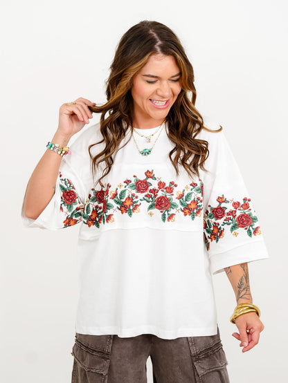 Plus/Reg Floral Embroidered Half Sleeve Raw Edge Top