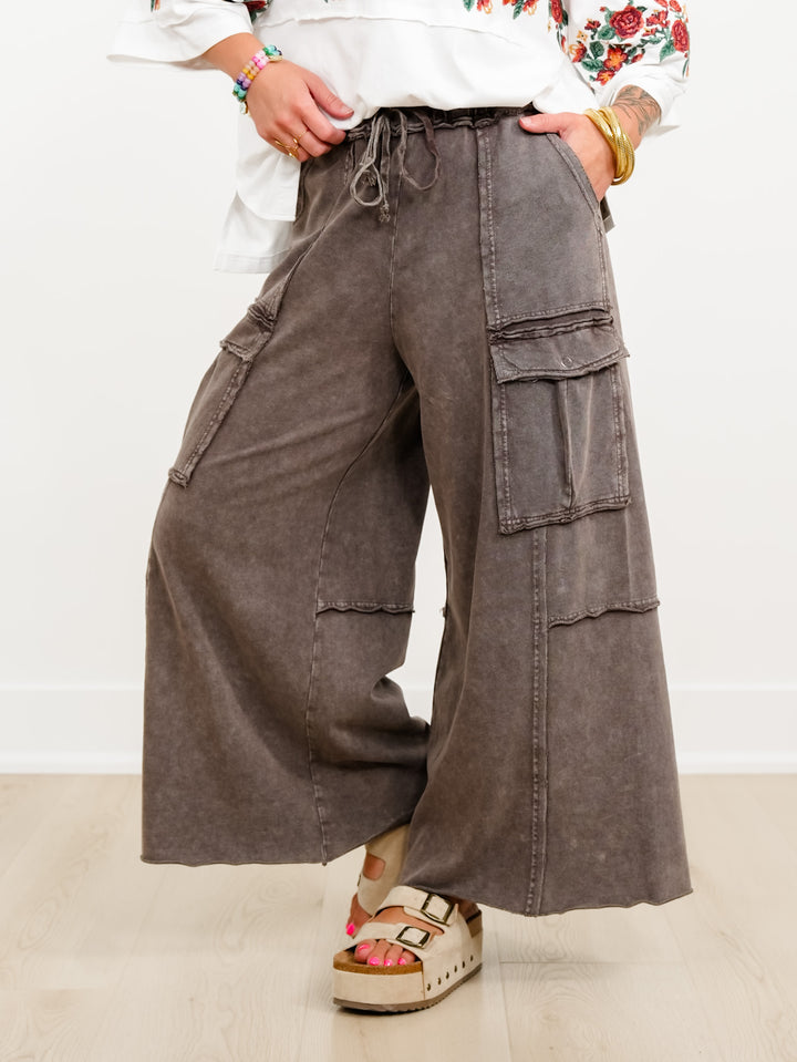 Washed Elastic Waist Wide Leg Cargo Knit Pants - Freckled Poppy