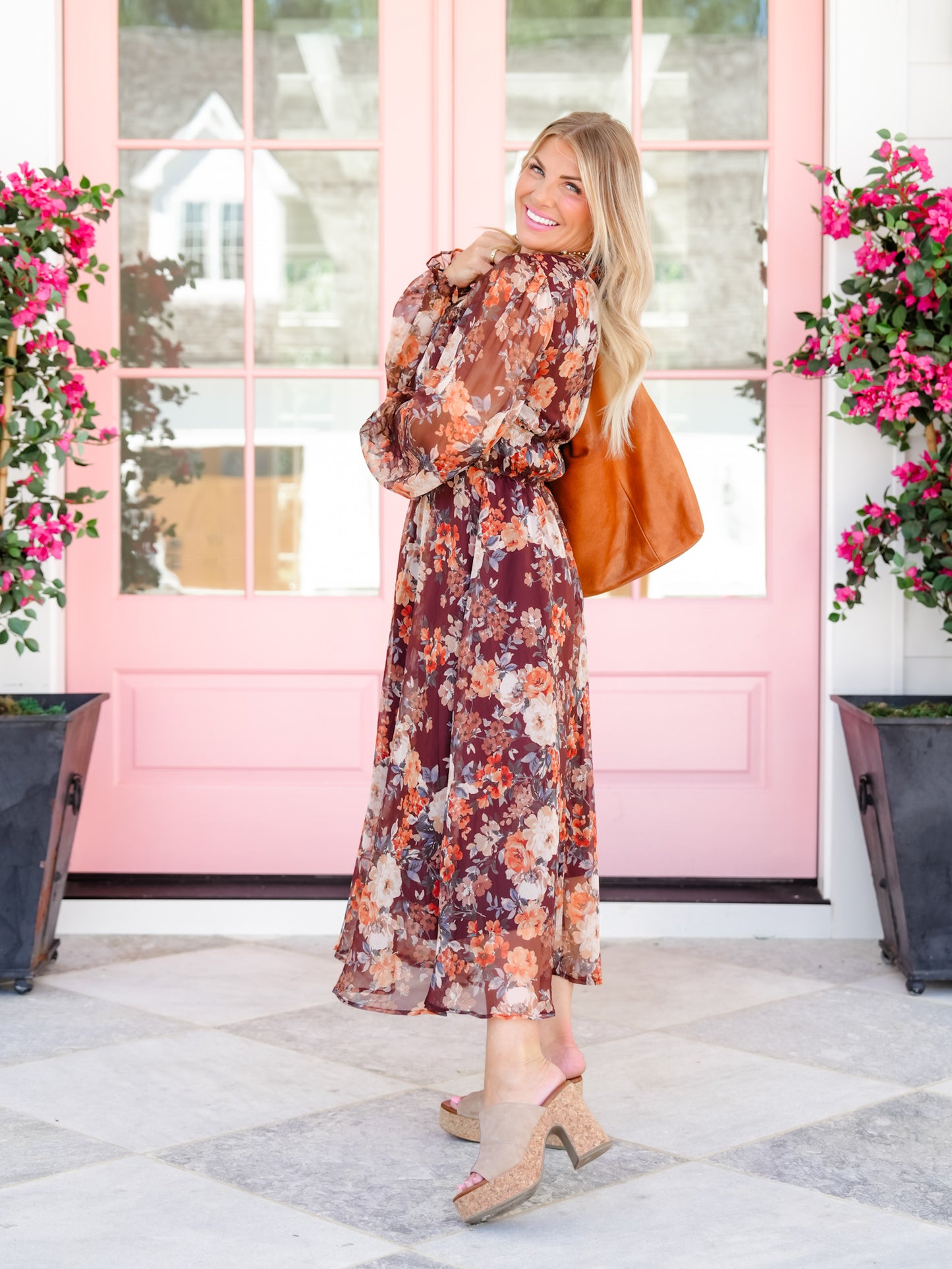 Floral Chiffon Long Sleeve Tiered Midi Dress