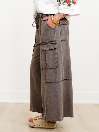 Plus/Reg Washed Elastic Waist Wide Leg Cargo Knit Pants - Freckled Poppy
