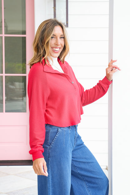 Red Textured Long Sleeve Button Up Top