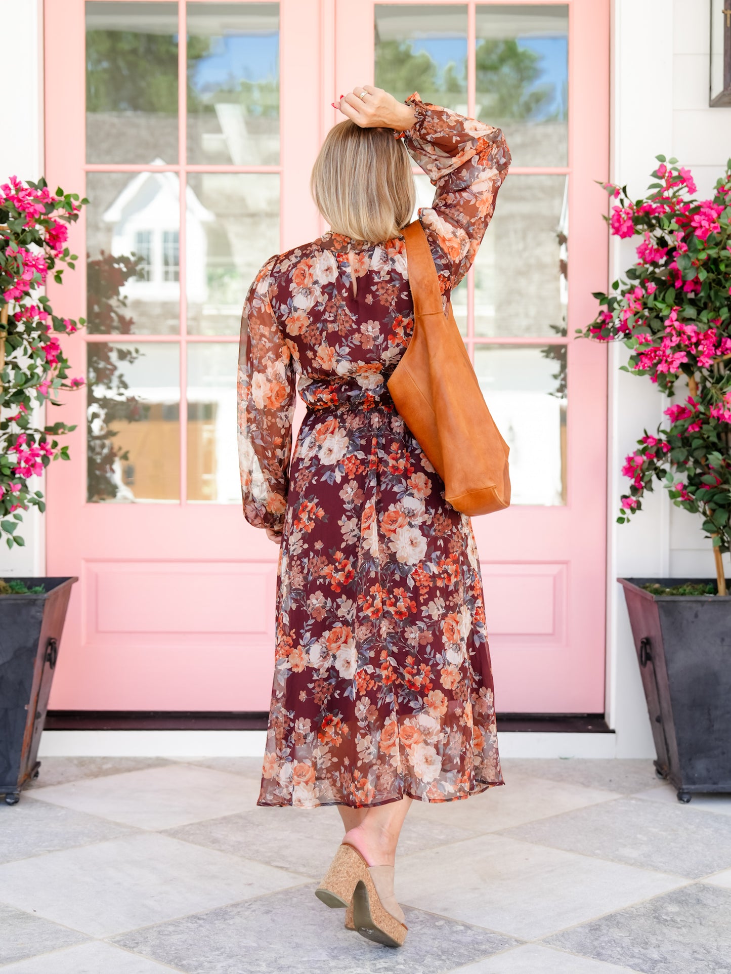 Floral Chiffon Long Sleeve Tiered Midi Dress
