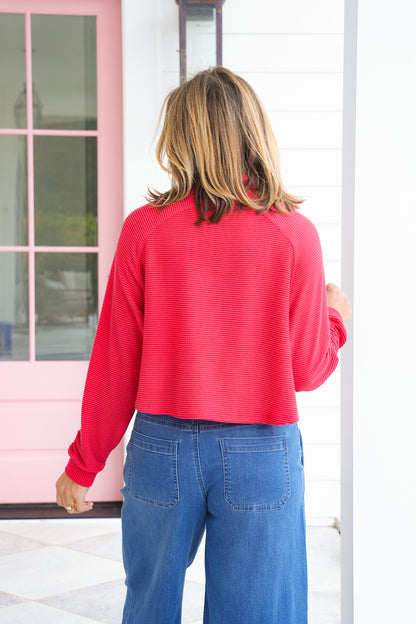 Red Textured Long Sleeve Button Up Top