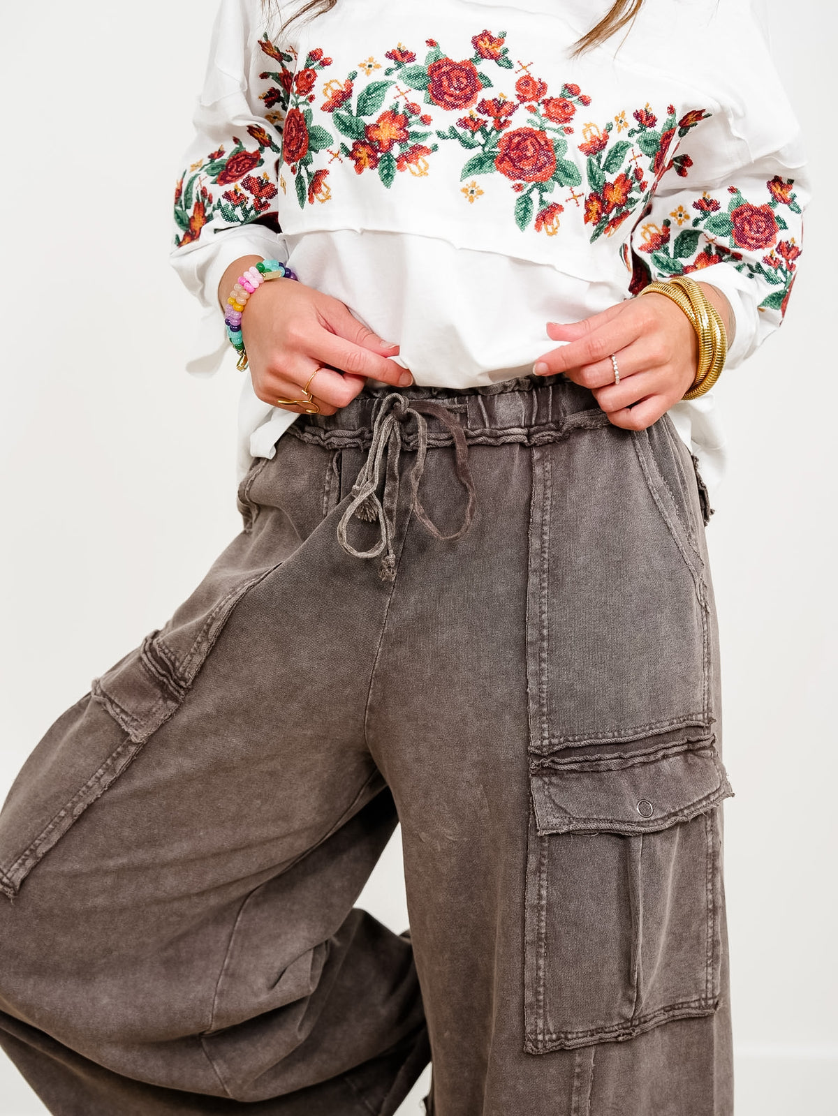 Plus/Reg Washed Elastic Waist Wide Leg Cargo Knit Pants - Freckled Poppy