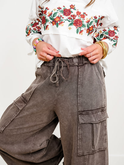 Plus/Reg Washed Elastic Waist Wide Leg Cargo Knit Pants - Freckled Poppy