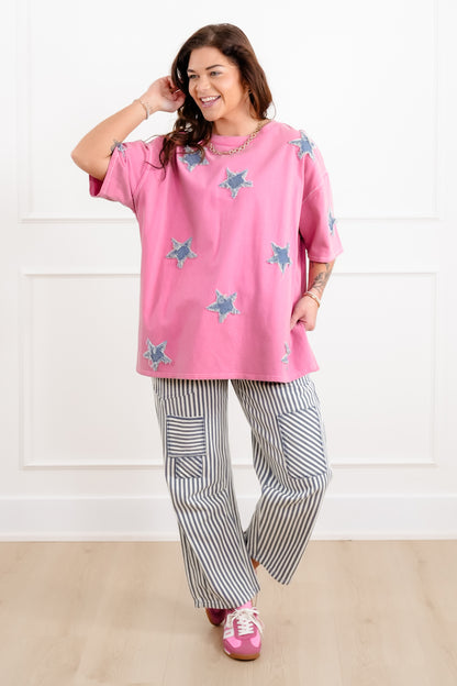 Short Sleeve Round Neck Top with Star Patch Detail