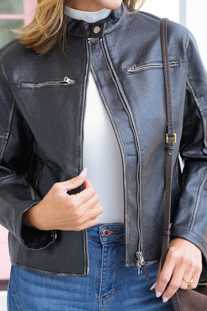 Vegan Leather Long Sleeve Zip Up Jacket