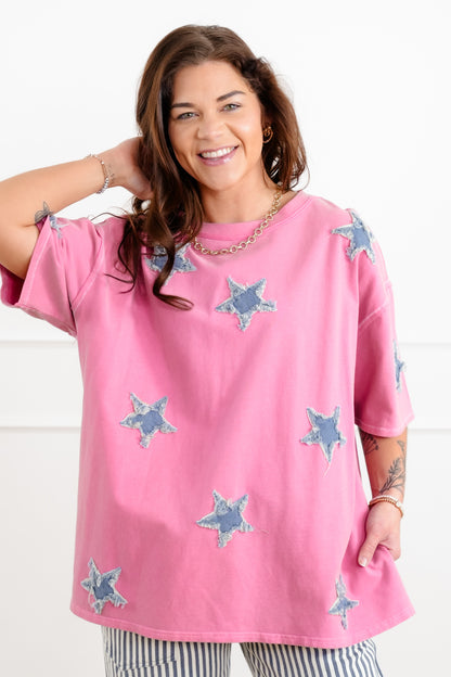 Short Sleeve Round Neck Top with Star Patch Detail