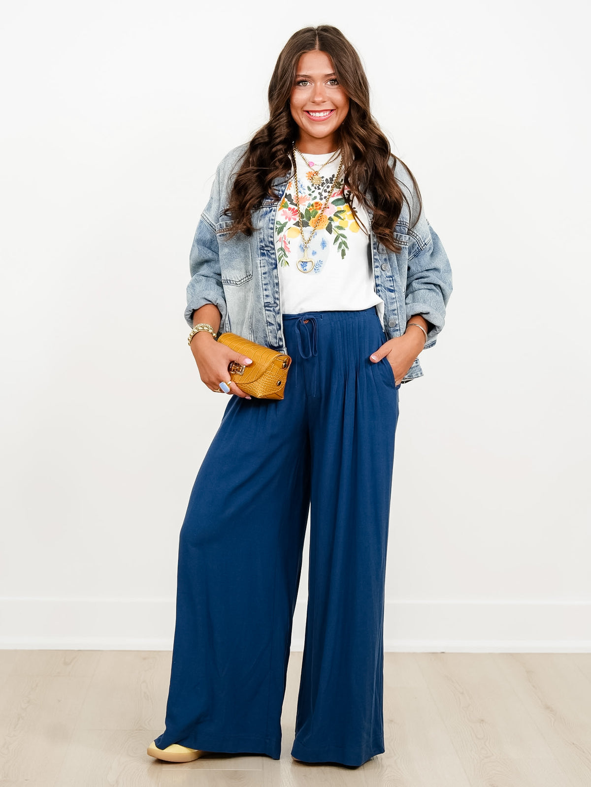 Linen Blend Pleated Elastic Waist Wide Leg Pants