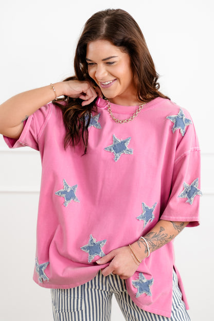Short Sleeve Round Neck Top with Star Patch Detail