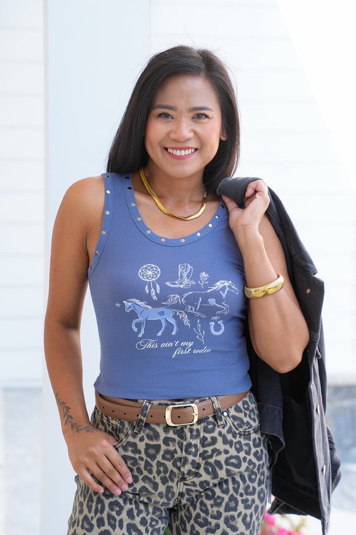 "This Ain't My First Rodeo" Studded Graphic Tank Top