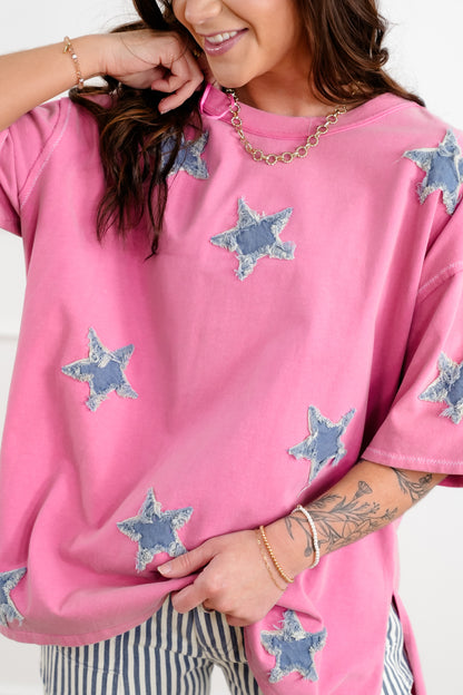 Short Sleeve Round Neck Top with Star Patch Detail