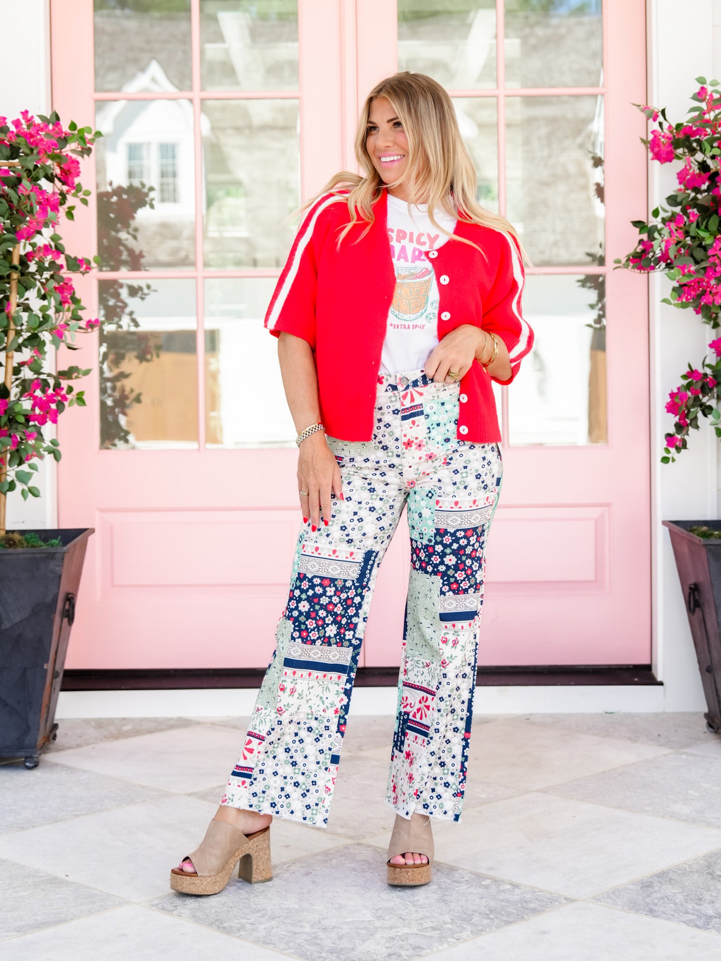 Patchwork Print High Waist Flared Leg Cropped Pants
