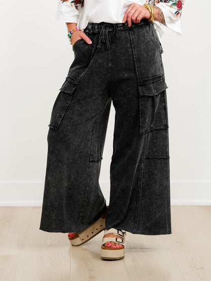 Plus/Reg Washed Elastic Waist Wide Leg Cargo Knit Pants - Freckled Poppy