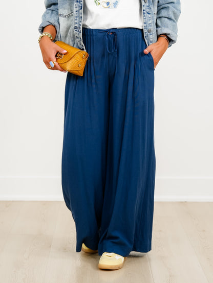 Linen Blend Pleated Elastic Waist Wide Leg Pants