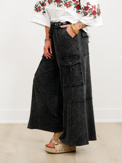 Plus/Reg Washed Elastic Waist Wide Leg Cargo Knit Pants - Freckled Poppy