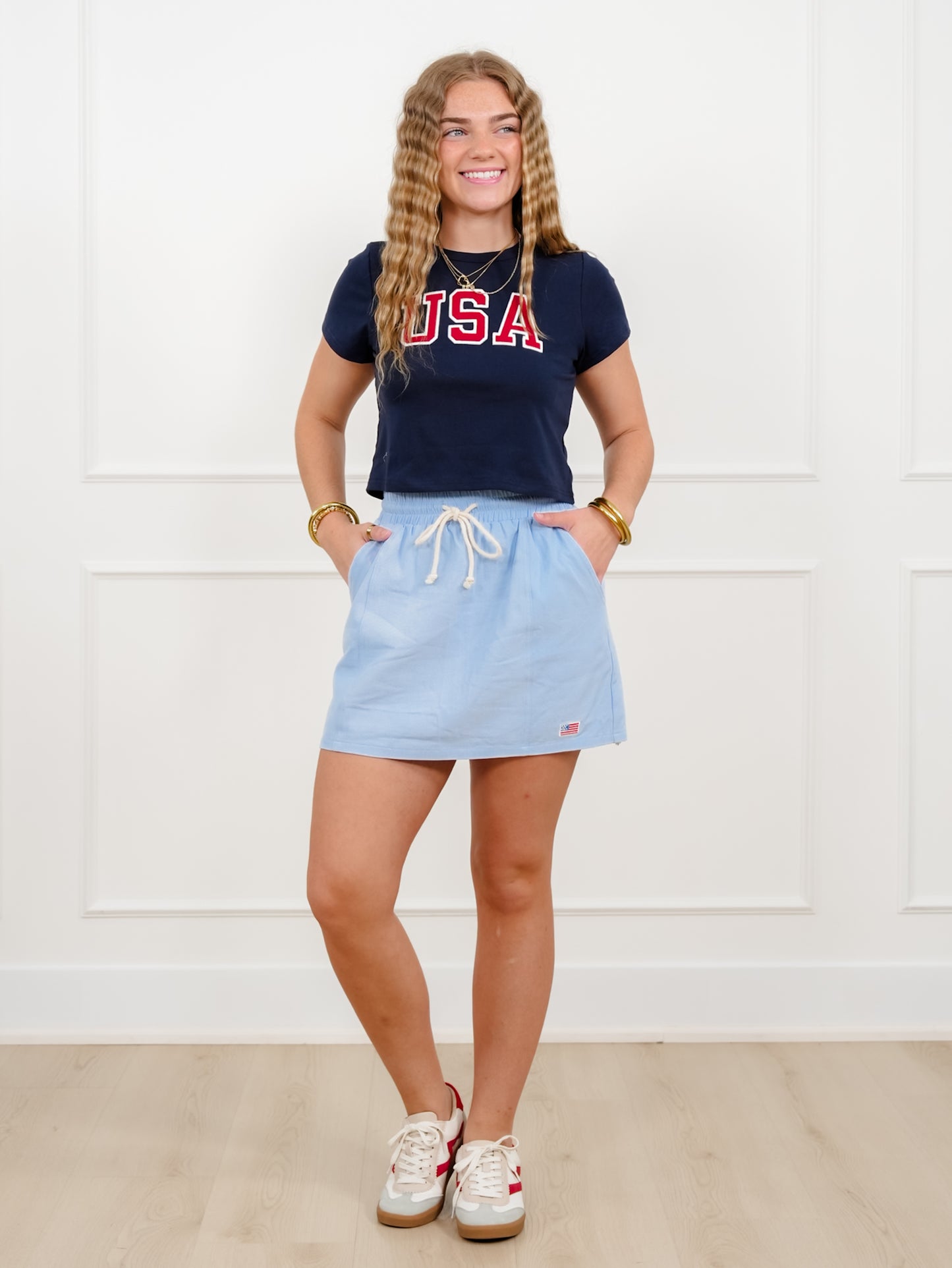 Blue Elastic Waist Skirt with American Flag