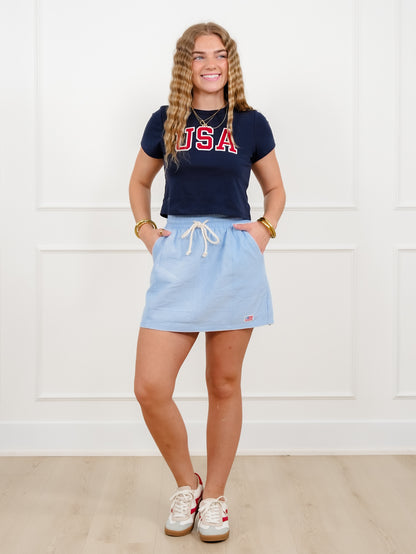 Blue Elastic Waist Skirt with American Flag