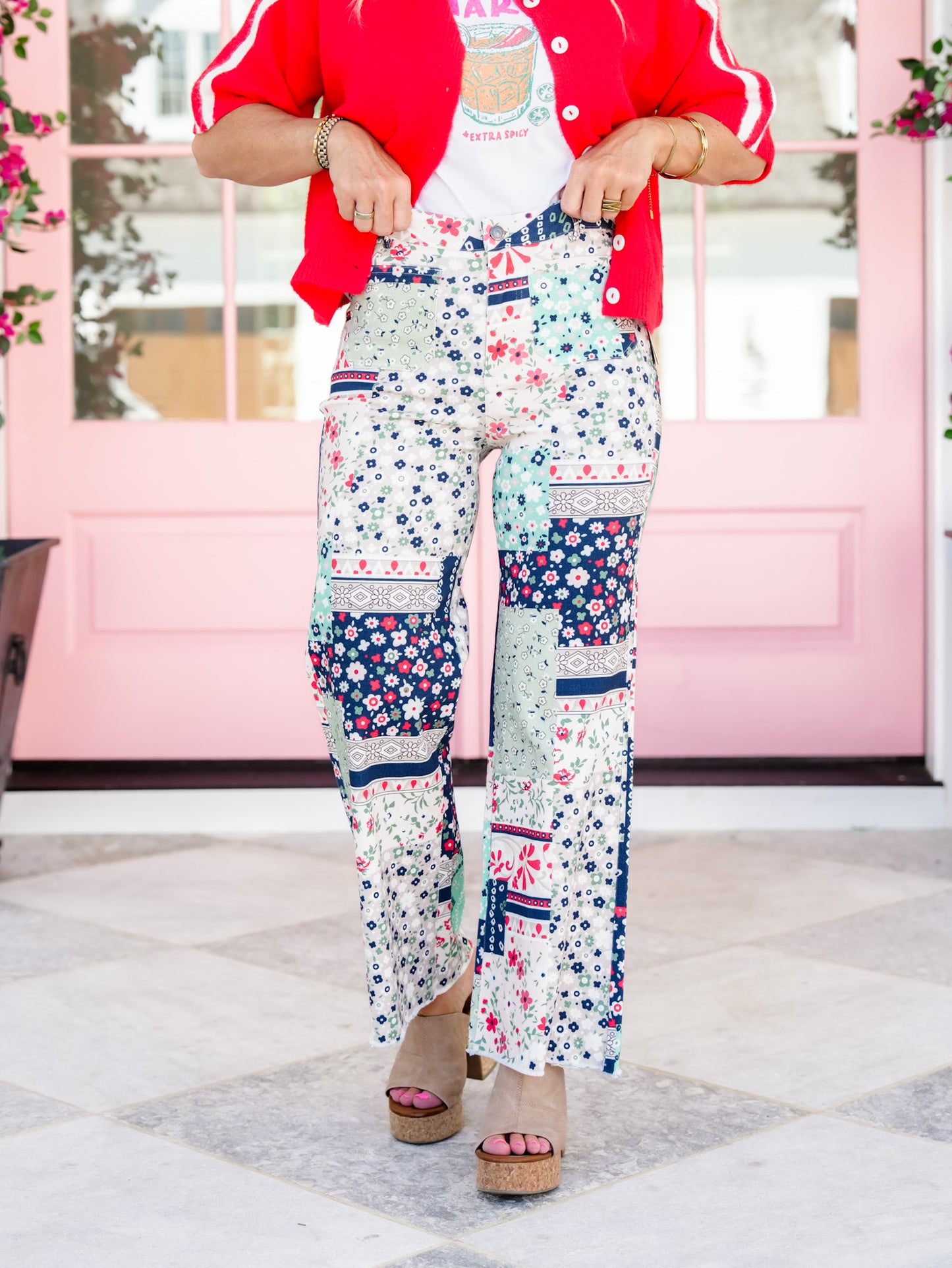 Patchwork Print High Waist Flared Leg Cropped Pants