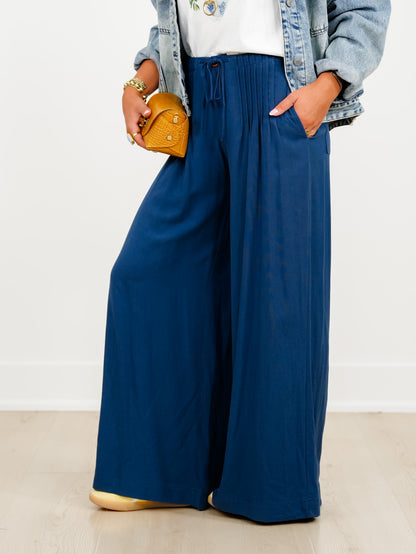 Linen Blend Pleated Elastic Waist Wide Leg Pants