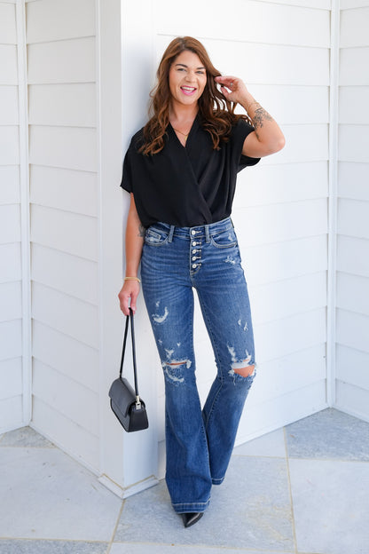 Black Surplice Short Sleeve Bodysuit
