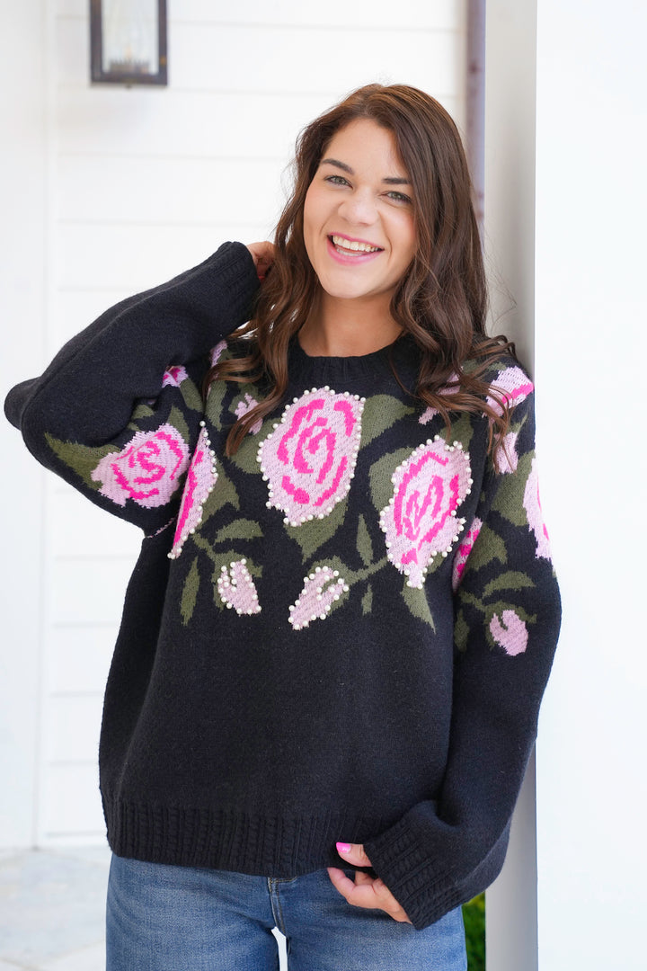 POL Floral Print Long Sleeve Sweater with Pearl Detail