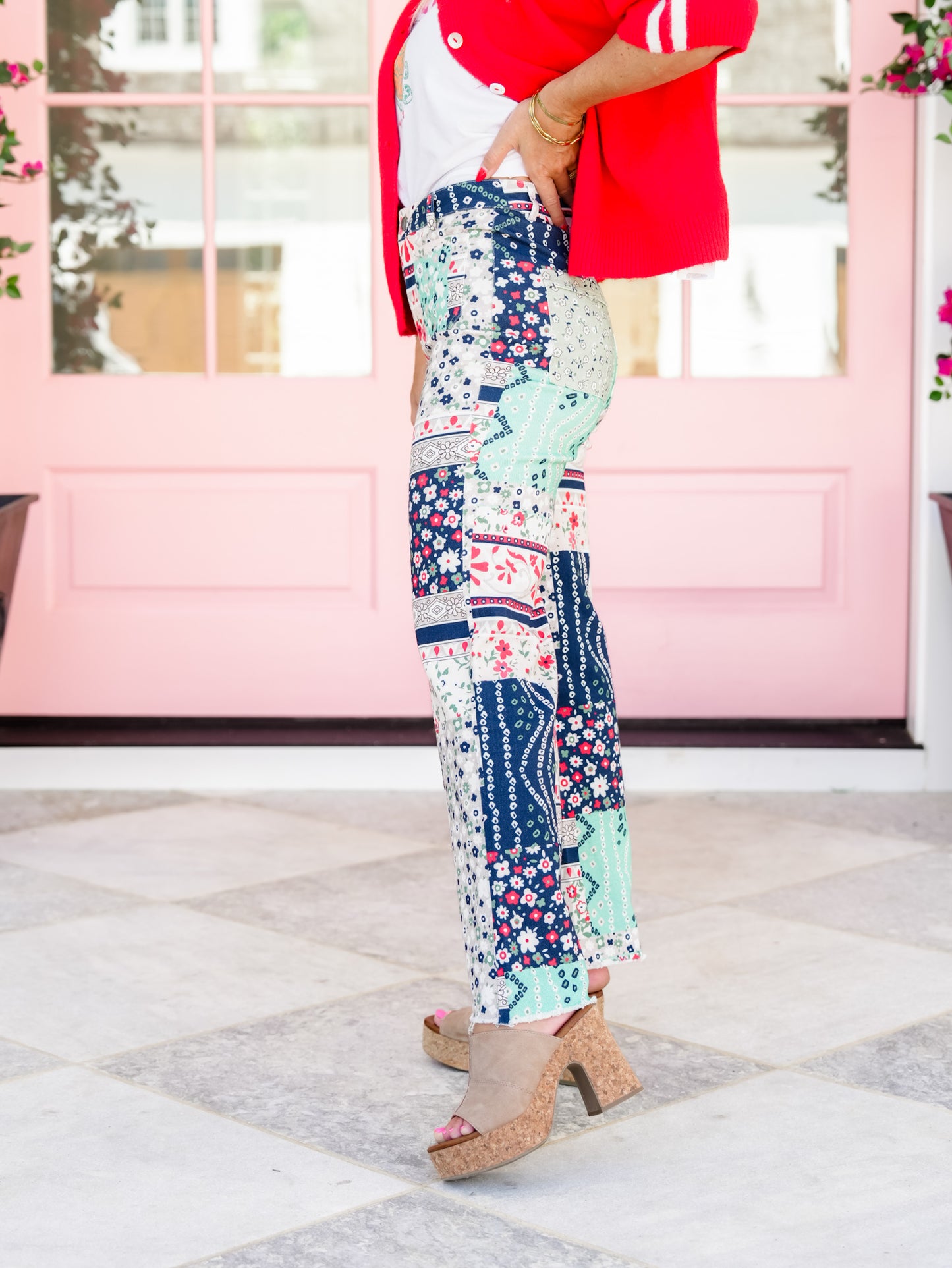 Patchwork Print High Waist Flared Leg Cropped Pants