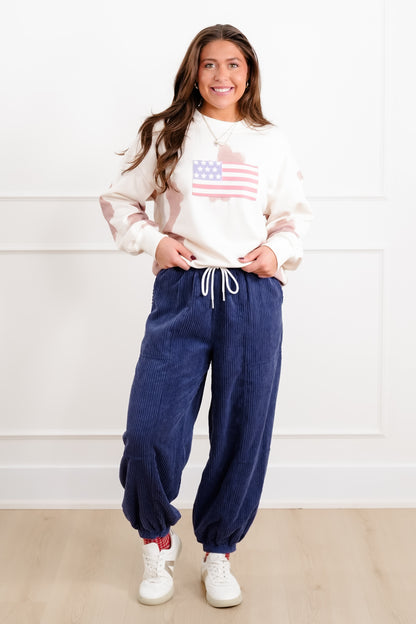 Cow Print Long Sleeve Sweatshirt with American Flag Detail