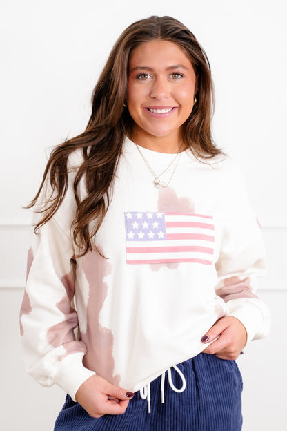 Cow Print Long Sleeve Sweatshirt with American Flag Detail