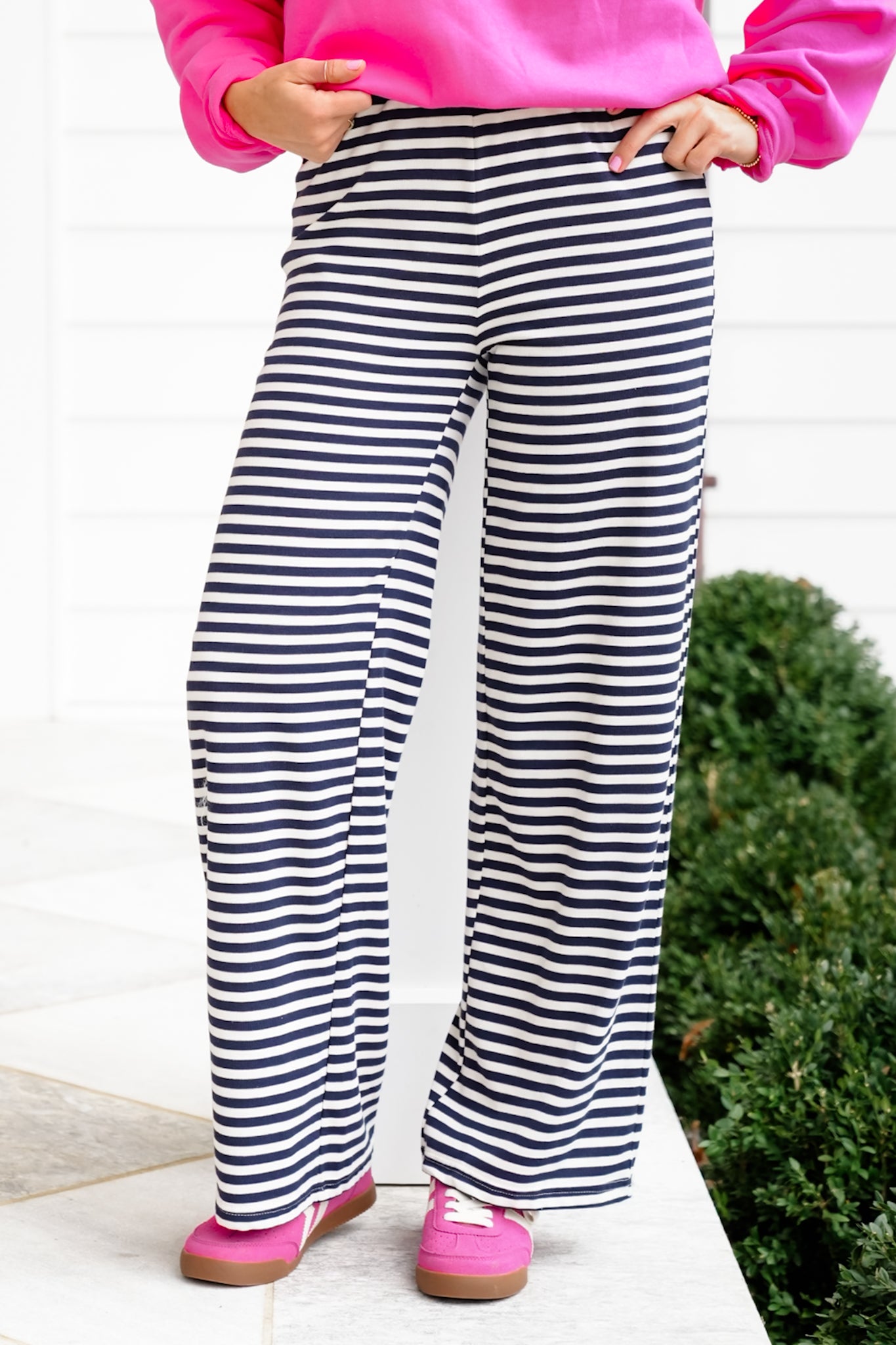 Navy Stripe Elastic Waist Knit Pants