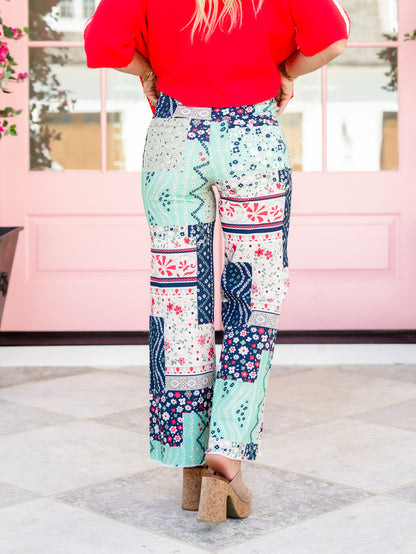 Patchwork Print High Waist Flared Leg Cropped Pants