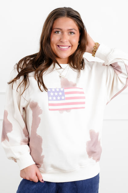 Cow Print Long Sleeve Sweatshirt with American Flag Detail