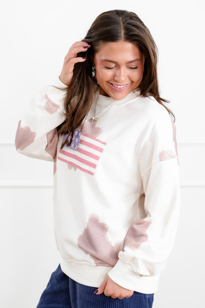 Cow Print Long Sleeve Sweatshirt with American Flag Detail