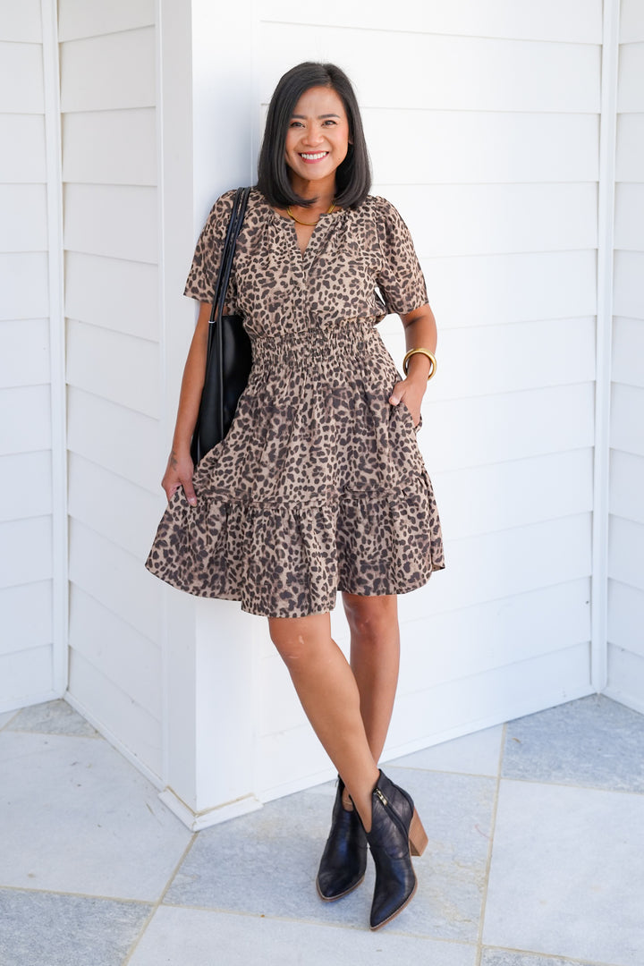 Plus/Reg Leopard Print Short Sleeve Elastic Waist Dress