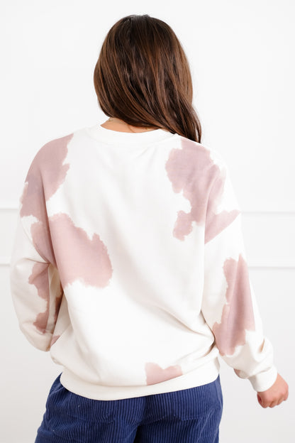 Cow Print Long Sleeve Sweatshirt with American Flag Detail