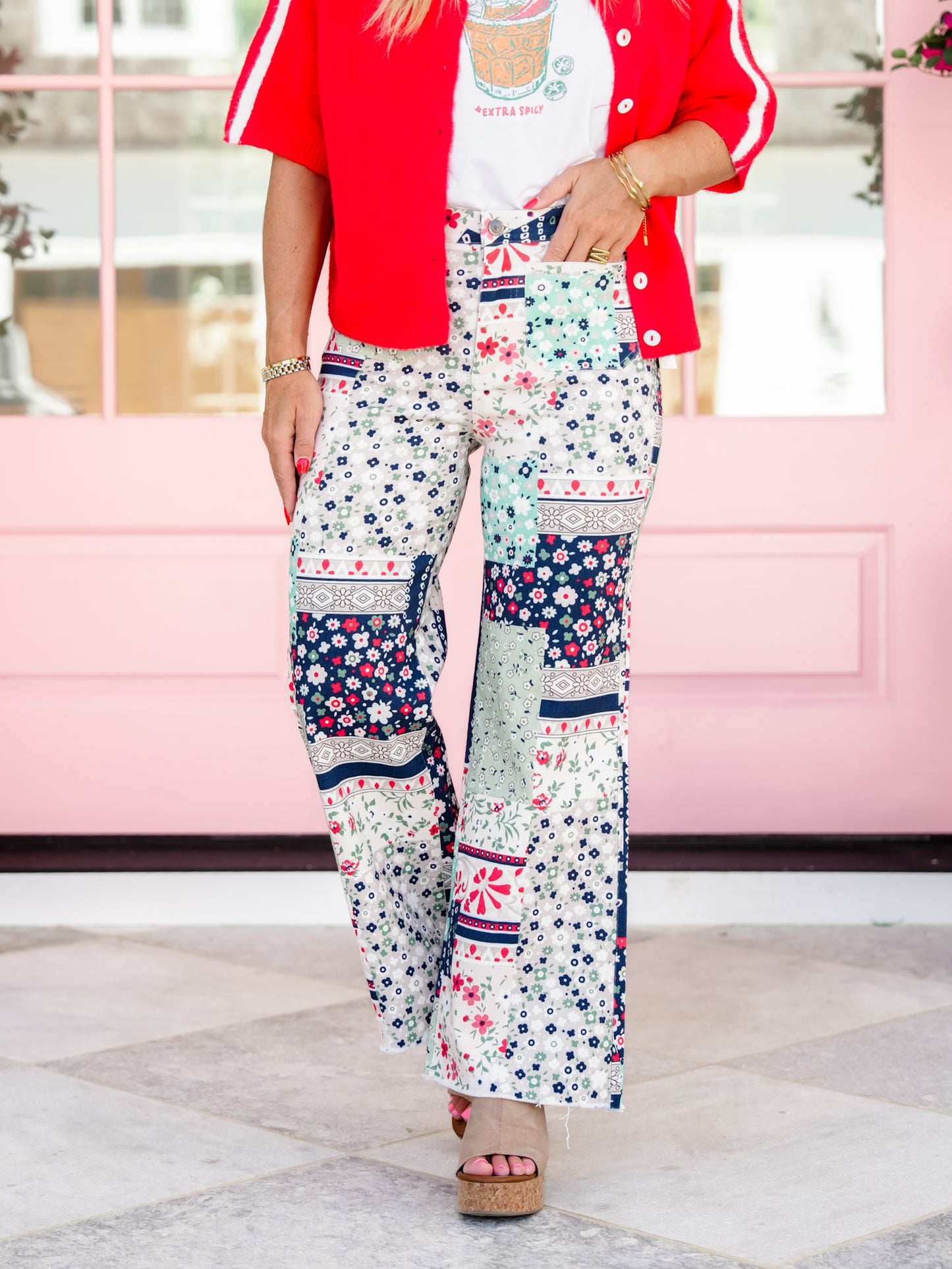 Patchwork Print High Waist Flared Leg Cropped Pants