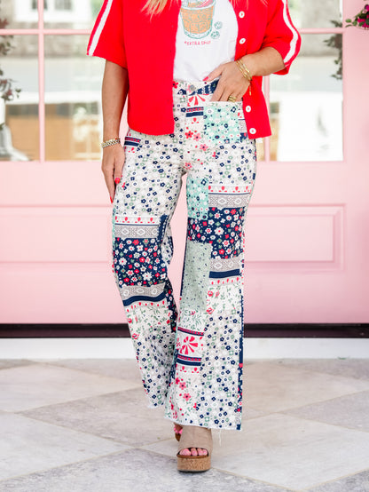 Patchwork Print High Waist Flared Leg Cropped Pants