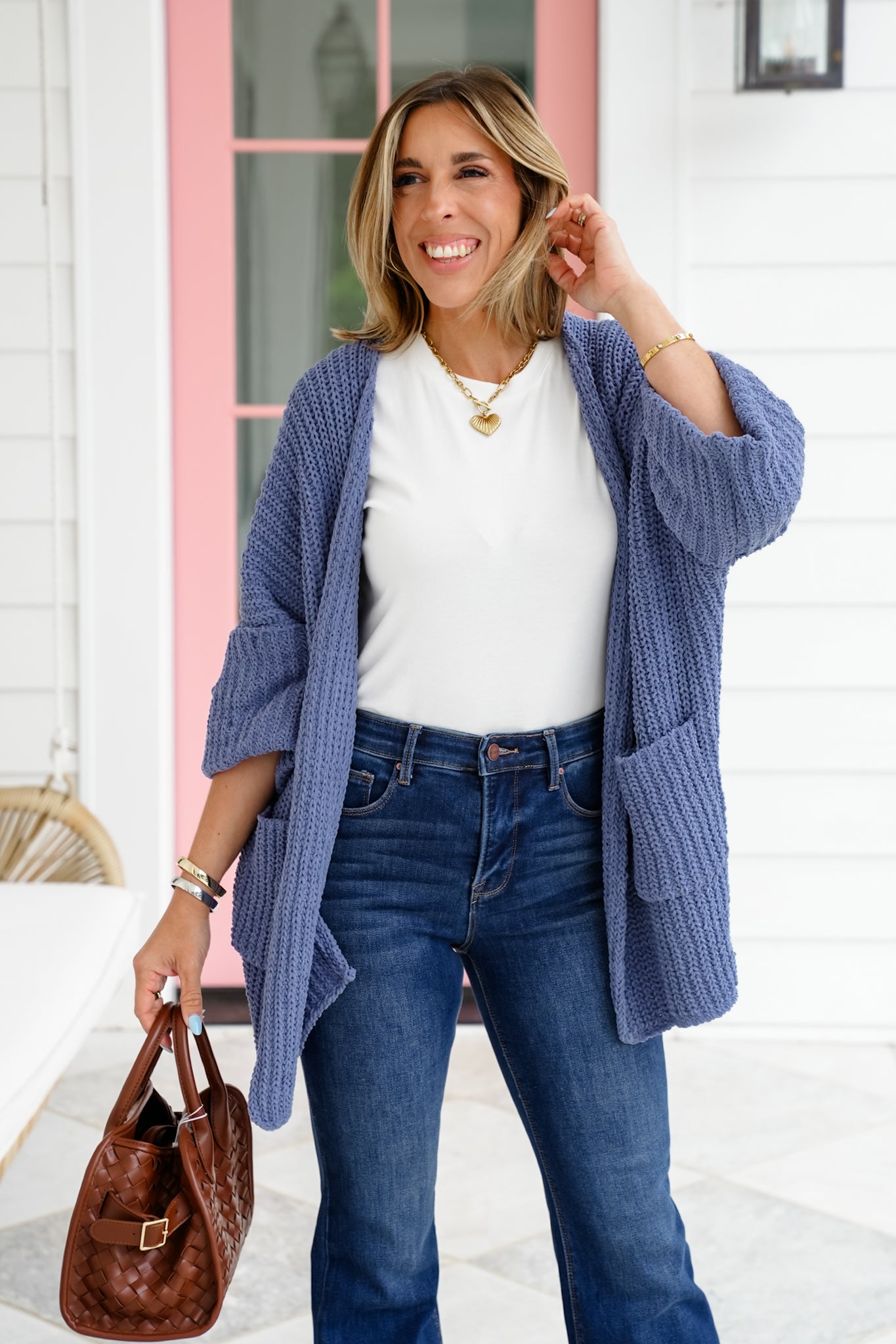 POL Knit 3/4 Cuffed Sleeve Open Front Cardigan