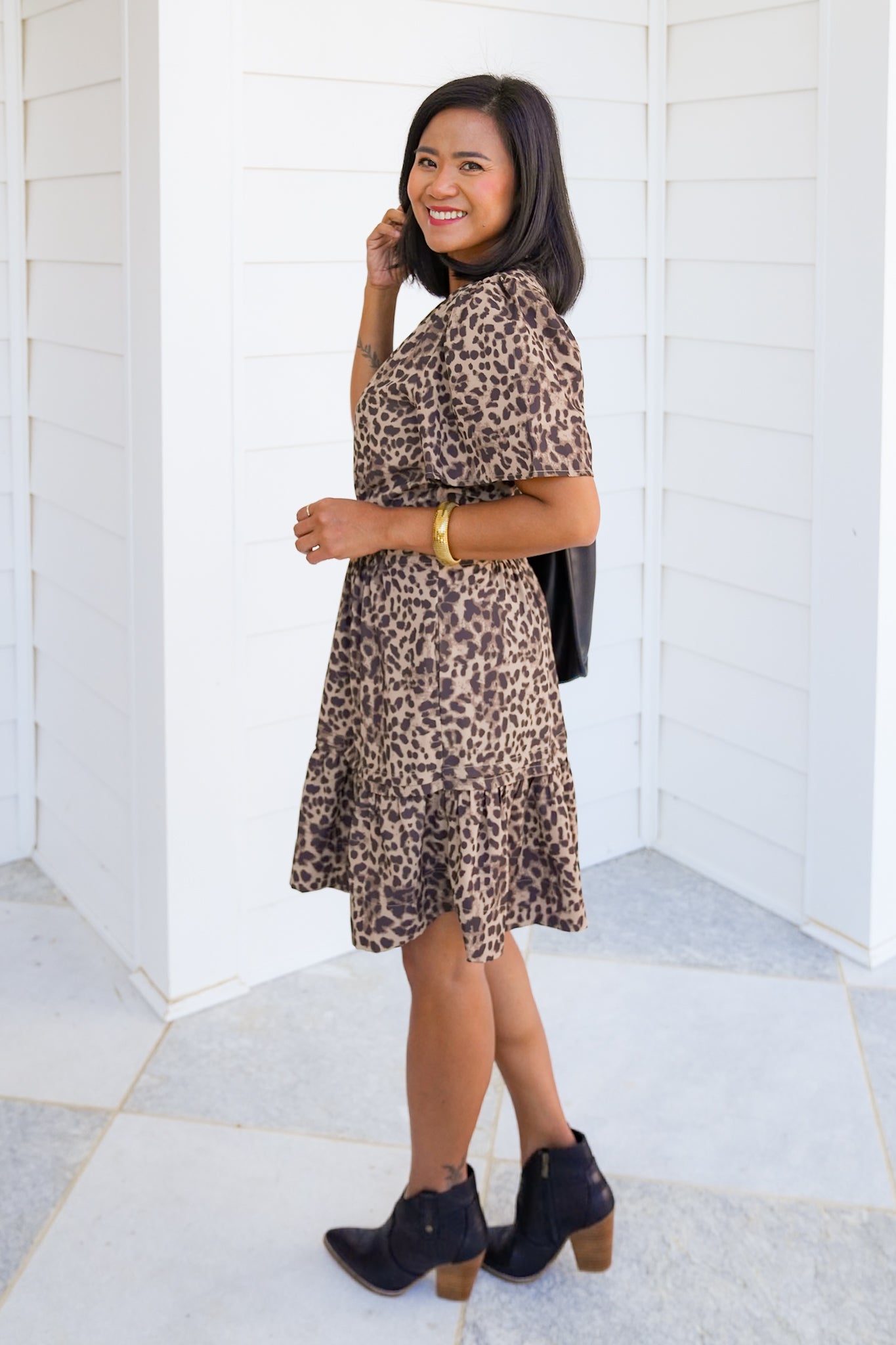 Plus/Reg Leopard Print Short Sleeve Elastic Waist Dress