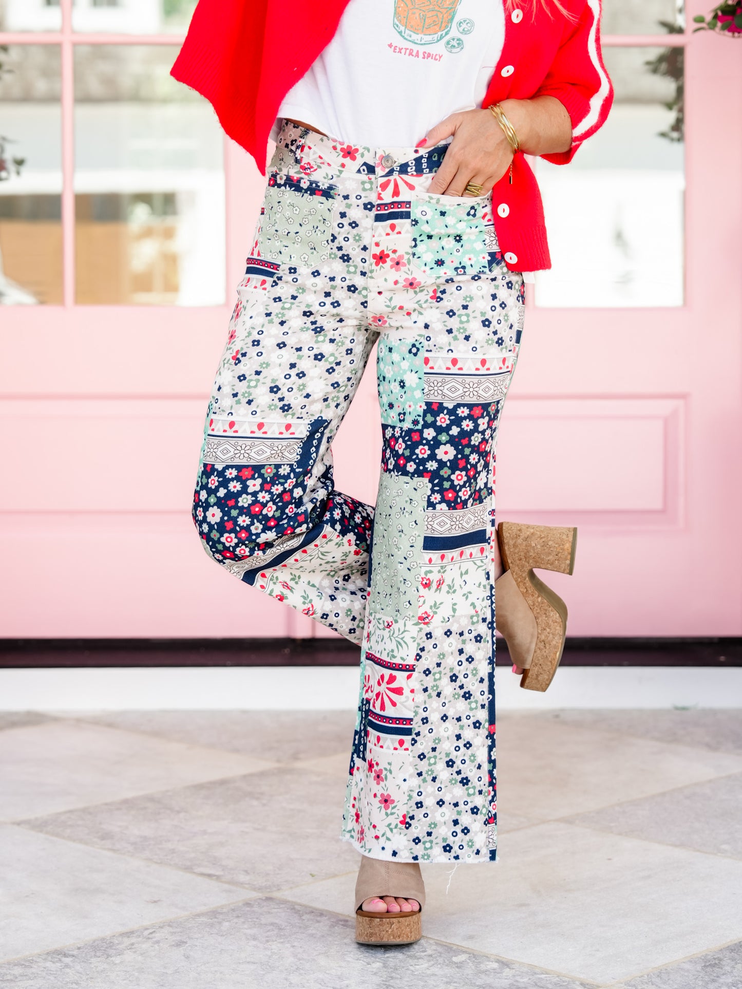 Patchwork Print High Waist Flared Leg Cropped Pants