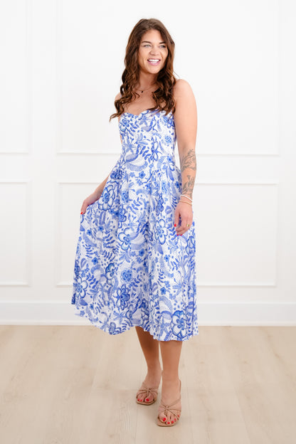 Blue Floral Sleeveless Midi Dress