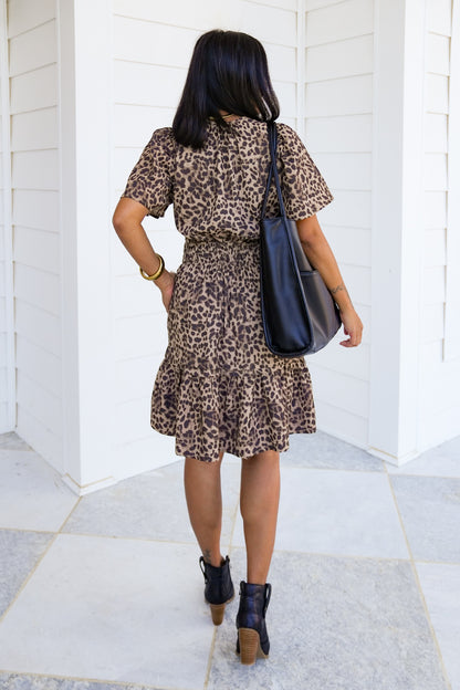 Plus/Reg Leopard Print Short Sleeve Elastic Waist Dress