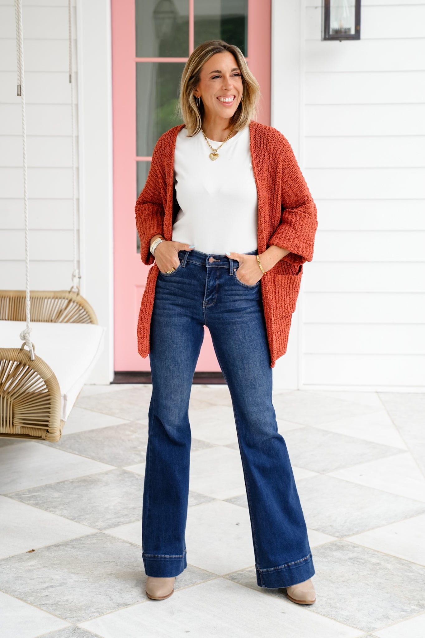 POL Knit 3/4 Cuffed Sleeve Open Front Cardigan